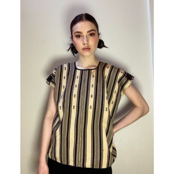 Vintage Huipil Blouse Top ~ Striped & Embroidered Neutrals Black & Tan ~ Sz S M - Picture 1 of 6
